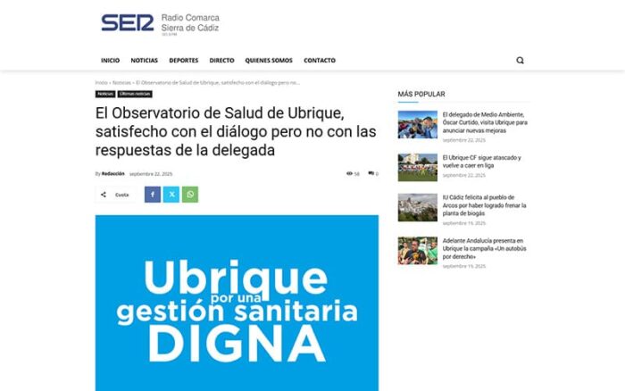 Aspecto de la web de Radio Comarca SER